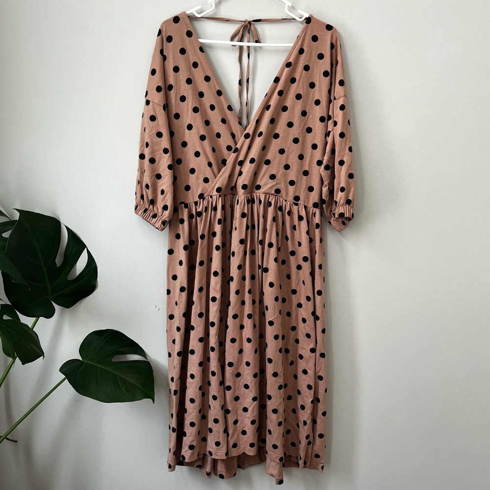 ASOS DESIGN midi smock dress with wrap top in mocha and black dots Size 8